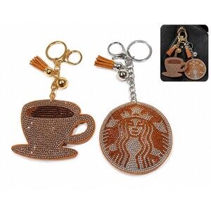 2 pc Rhinestone Coffee Cup Logo Bag Charm Keychain Set cute gift
